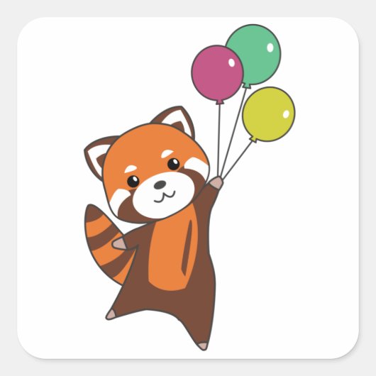 Red Panda fliegt Balloons Niedlicher Tiere für Kin Quadratischer Aufkleber (Vorderseite)