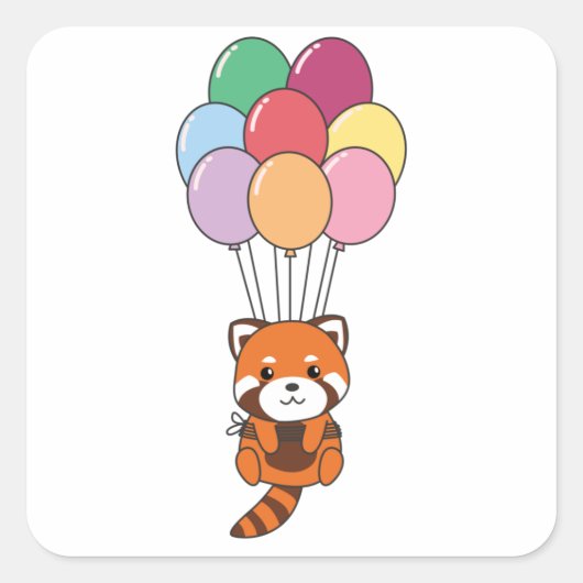 Red Panda fliegt mit farbenfrohen Balloons Quadratischer Aufkleber (Vorderseite)