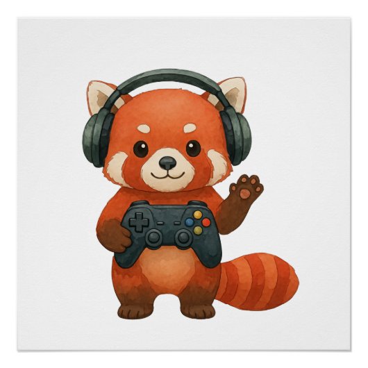 Red Panda Gamer, Gaming-Controller und Kopfhörer Poster (Vorderseite)