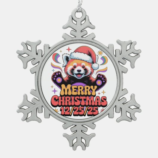 Red Panda Merry Christmas 12/25/25 Schneeflocken Zinn-Ornament (Vorderseite)
