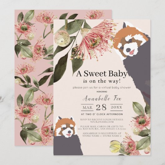 Red Panda Pink Floral Girl Virtual Baby Dusche Einladung (Vorne/Hinten)