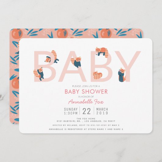 Red Panda Pink Girl Baby Dusche Einladung (Vorne/Hinten)