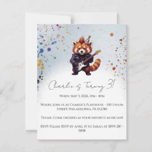 Red Panda Rocker Birthday Invitation (Vorderseite)