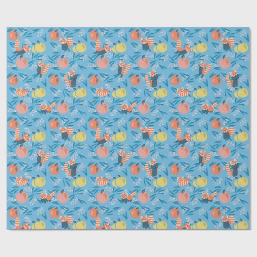 Red Panda Sky Blue Apple Muster Packaging Paper Geschenkpapier (Flach)