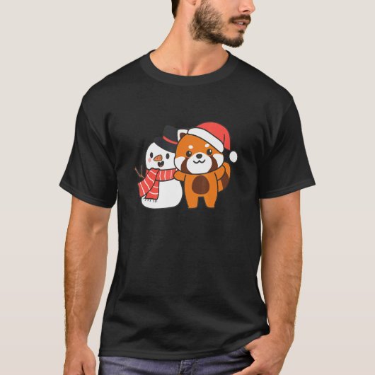 Red Panda With Snowman In Winter For Christmas T-Shirt (Vorderseite)