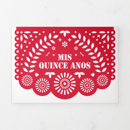 Red Papel Picado Mis Quince Años Dreifach Gefaltete Einladung (Cover)