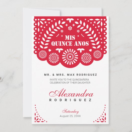 Red Papel Picado Mis Quince Años Einladung (Vorderseite)
