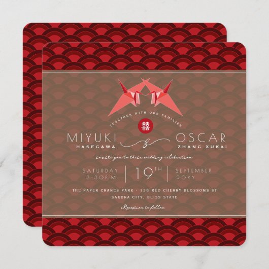 Red Paper Cranes Red Scallop Muster Asiatische Hoc Einladung (Vorne/Hinten)