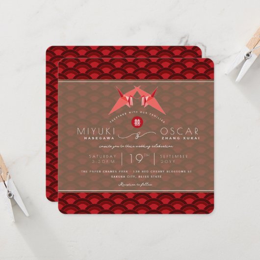 Red Paper Cranes Red Scallop Muster Asiatische Hoc Einladung (Vorderseite/Rückseite Beispiel)