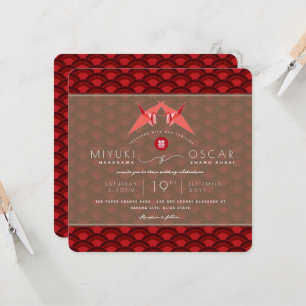 Red Paper Cranes Red Scallop Muster Asiatische Hoc Einladung