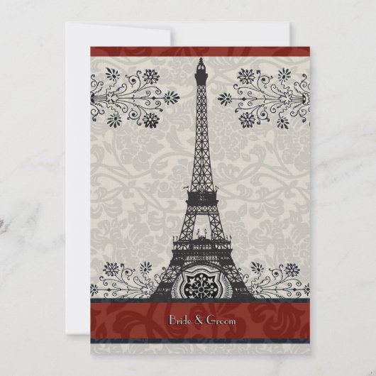 Red Paris Damask Eiffel Tower Wedite Einladung (Rückseite)