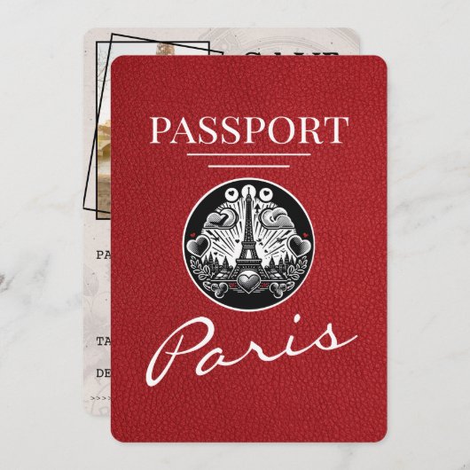 Red Paris Passport Save the Date (Vorne/Hinten)