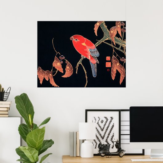 Red Parrot on Tree Branch von Ito Jakuchu Poster (Heimbüro)