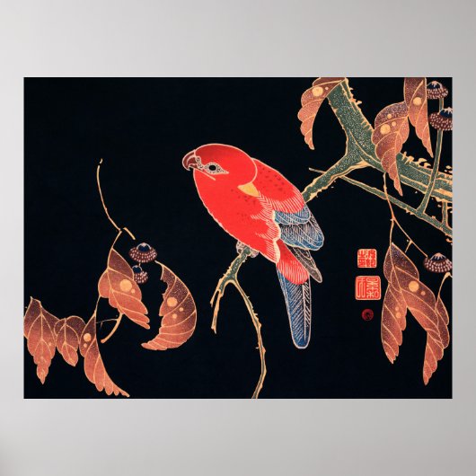 Red Parrot on Tree Branch von Ito Jakuchu Poster (Vorne)