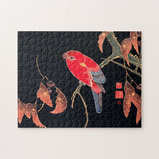 Red Parrot Vintag Bird Japanischer Holzblock Print Puzzle (Horizontal)