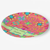 Red Patchwork Quilt Blockname Happy Birthday Pappteller (Schrägansicht)