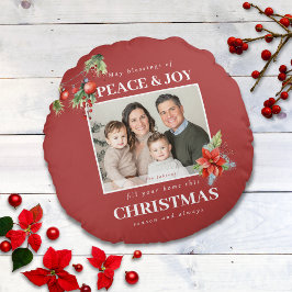 Red Peace and Joy Photo Christmas Rundes Kissen