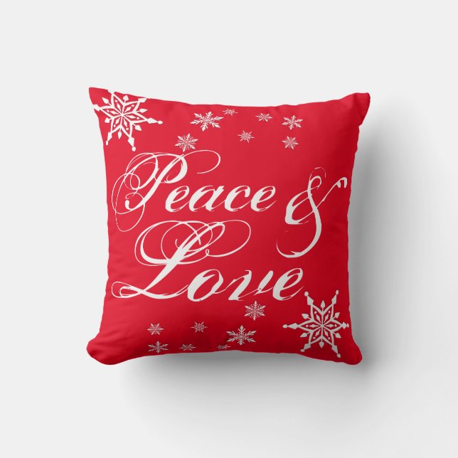 Red "Peace & Liebe" White Script Snow Flakes Kissen (Vorderseite)