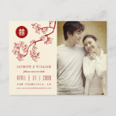 Red Peach blüht Chinesisch Double Happy Foto Ankündigungspostkarte (Vorderseite)