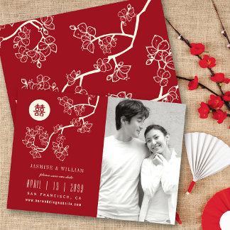 Red Peach blüht Chinesisch Double Happy Foto Save The Date