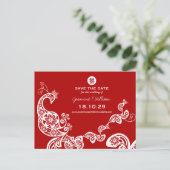 Red Peacock Double Happy Chinese Save the Date Ankündigungspostkarte (Stehend Vorderseite)
