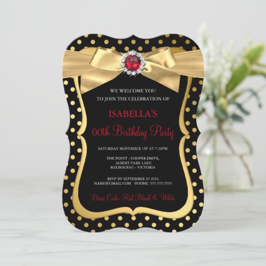 Red Pearl Gold Bow Black Polka Dot Birthday Party Einladung (Stehend Vorderseite)