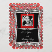 Red Pearls Birthday Party Black Silver Foto B Einladung (Vorne/Hinten)