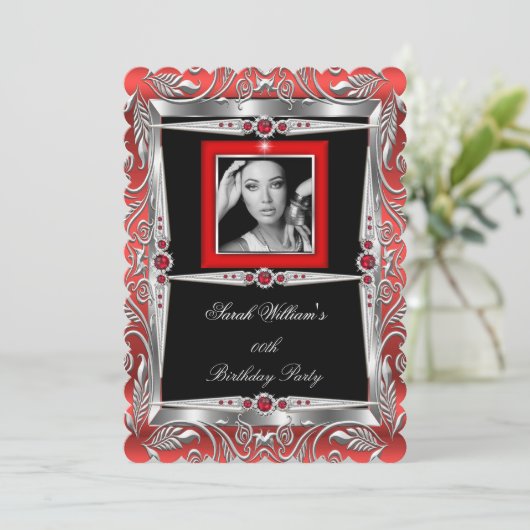 Red Pearls Birthday Party Black Silver Foto B Einladung (Stehend Vorderseite)