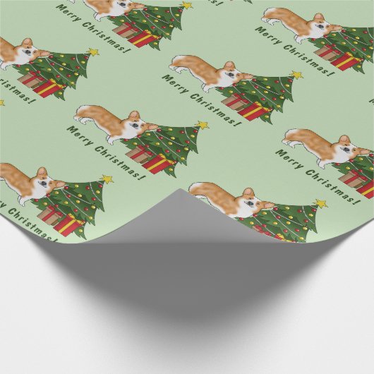 Red Pembroke Welsh Corgi Hund und Weihnachtsbaum Geschenkpapier (Ecke)