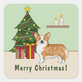 Red Pembroke Welsh Corgi Hund und Weihnachtsbaum Quadratischer Aufkleber