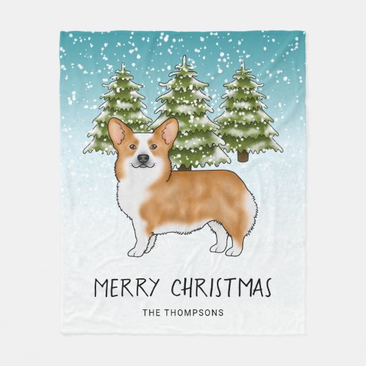 Red Pembroke Welsh Corgi Winterwald Weihnachten Fleecedecke (Vorderseite)