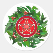 Red Pentacle on Holly Wreath Runder Aufkleber (Vorderseite)