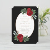 Red Peonies Elegante Black & Gold Hochzeit Einladung (Stehend Vorderseite)