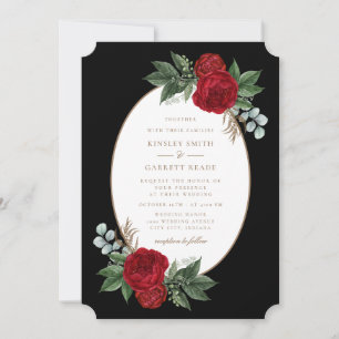 Red Peonies Elegante Black & Gold Hochzeit Einladung