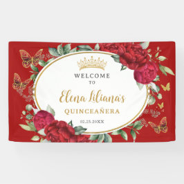 Red Peonies Floral Butterfells Quinceañera Willkom Banner