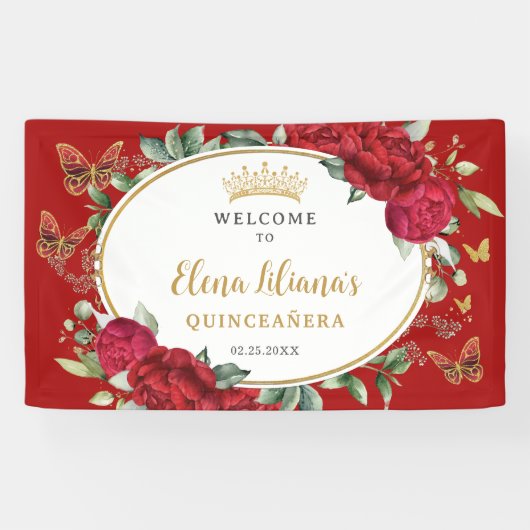 Red Peonies Floral Butterfells Quinceañera Willkom Banner (Horizontal)
