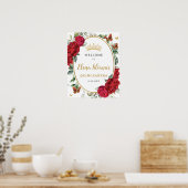 Red Peonies Floral Butterfells Quinceañera Willkom Poster (Küche)