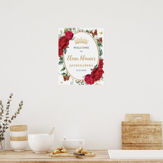 Red Peonies Floral Butterfells Quinceañera Willkom Poster (Küche)