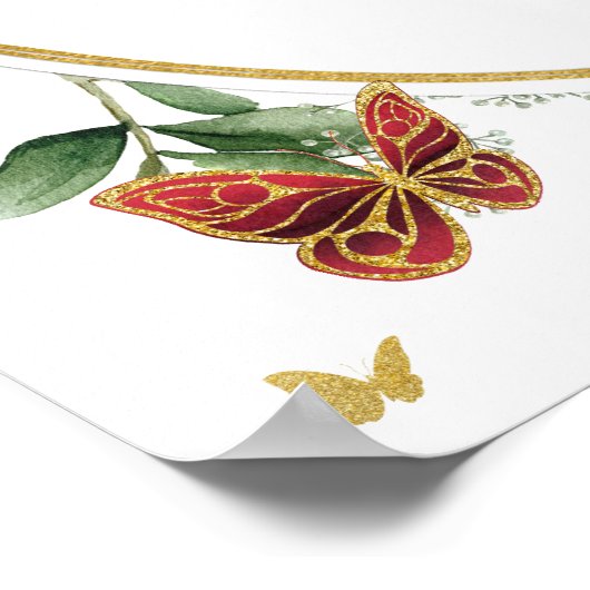 Red Peonies Floral Butterfells Quinceañera Willkom Poster (Ecke)