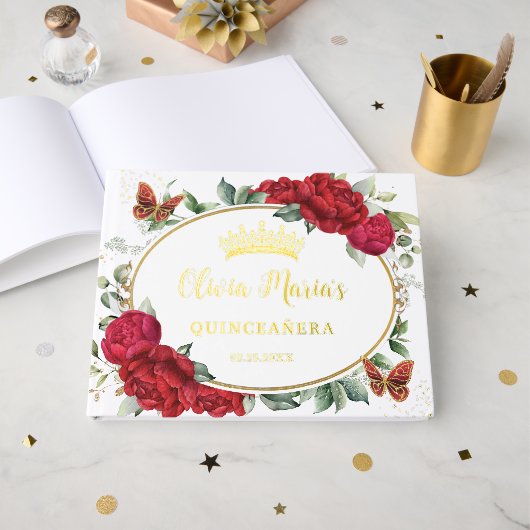 Red Peonies Floral Butterflies Quinceanera Gold Gästebuch (Vorderseite offen)