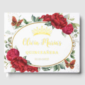 Red Peonies Floral Butterflies Quinceanera Gold Gästebuch (Vorderseite)