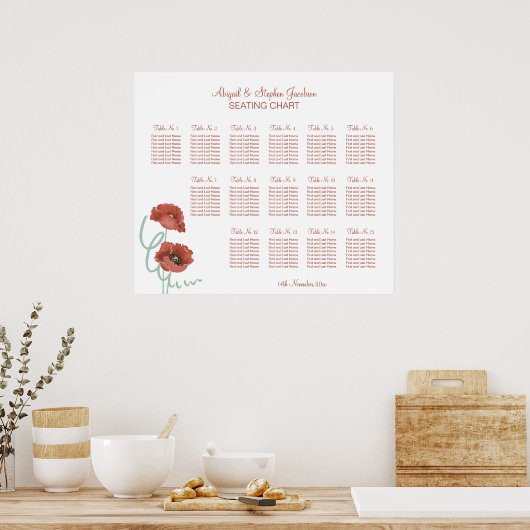 Red Peonies Hochzeitsdiagramm Poster (Küche)