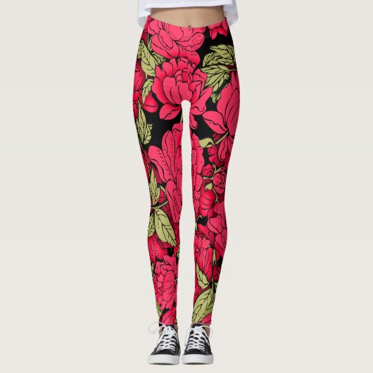 Red Peonies mit Gold-Blätter Leggings (Vorderseite)