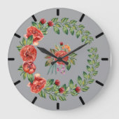 Red Peonies Wreath Clock Große Wanduhr (Vorderseite)