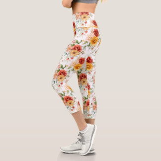 Red Peony Blume Bouquet Pattern Capri Leggings