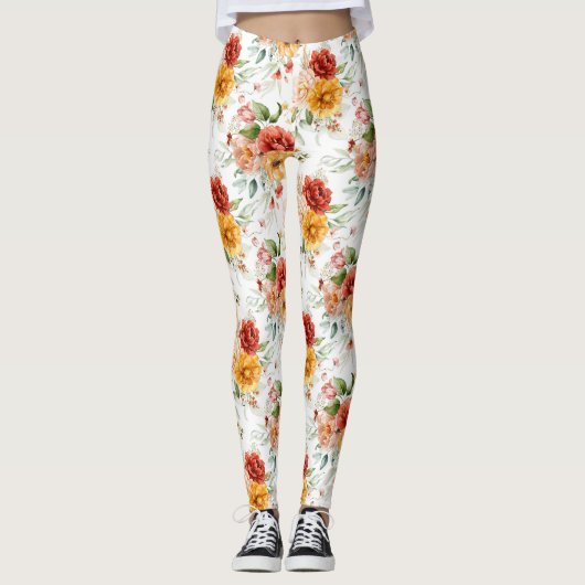 Red Peony Blume Bouquet Pattern Leggings (Vorderseite)