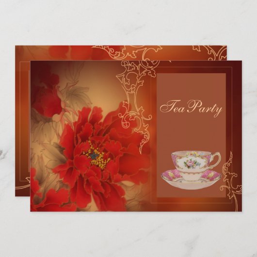Red Peony Chinese Brautparty Tee Party Einladung (Vorne/Hinten)