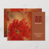 Red Peony Double Happines Chinese Wedding RSVP Einladungspostkarte (Vorne/Hinten)