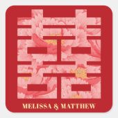 Red Peony Double Happiness Chinese Wedding Quadratischer Aufkleber (Vorderseite)
