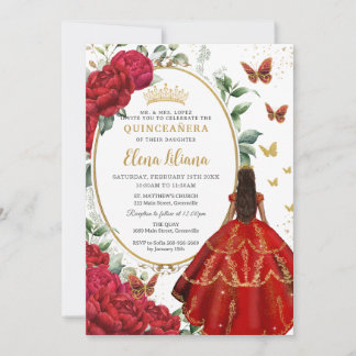 Red Peony Floral Brown Princess Dress Quinceañera Einladung